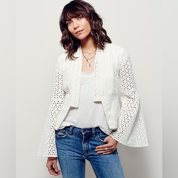 Free People Circle Sleeve Eyelet Jacket, Ivory, M - Picture 2 of 11